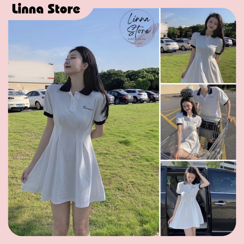 Đầm Polo Nữ Triết Eo Thêu Chữ 🦋 Váy Nữ Dáng Xòe Cộc Tay Cổ Phối 🦋