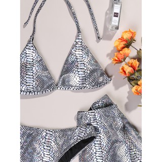 [BKN1390] <ÂU> SET BIKINI 3 MÓN DA RẮN BẠC KÈM CHÂN VÁY XẺ