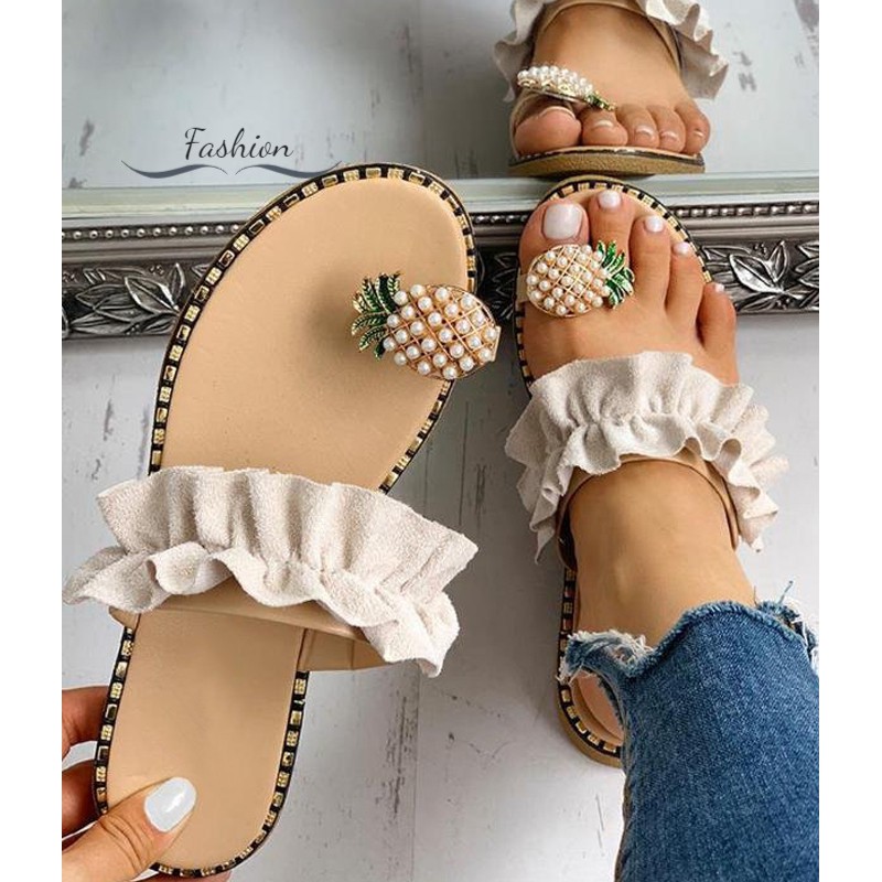 Ds Womens Fashion Pineapple Open Toe Ring Sandals Wild Flat Slippers for Summer Beach @vn