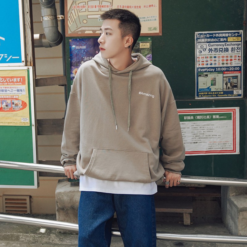 Áo hoodie tay dài có mũ trùm bằng vải nhung dáng rộng in chữ dành cho nam