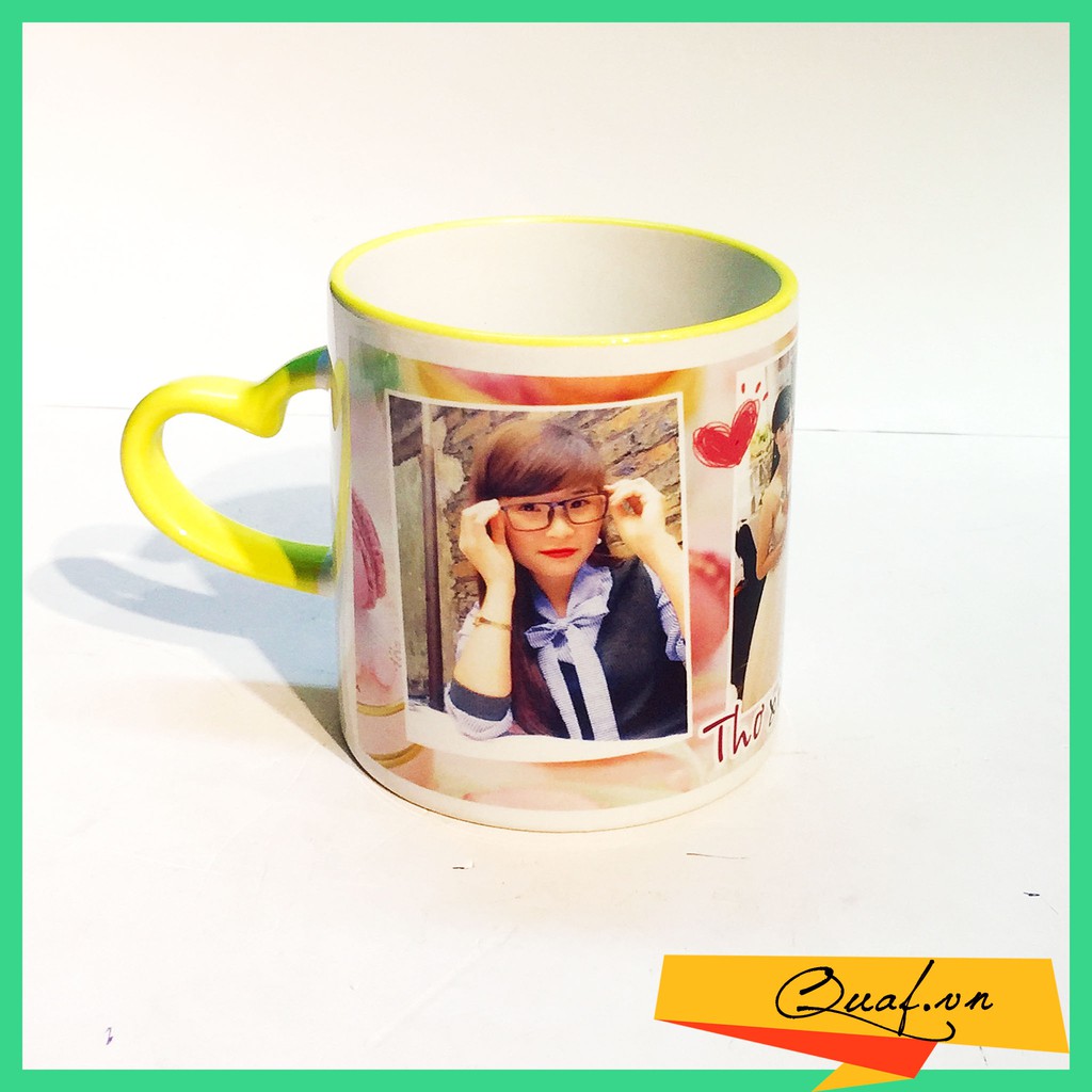 In ảnh lên cốc sứ quai tim viền màu