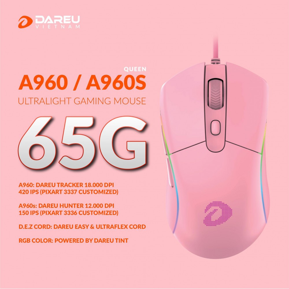 Chuột Gaming DAREU A960s ULTRALIGHT QUEEN (Hồng)/ ARTIC (Trắng) RGB/ PWM3336 - PWM3337