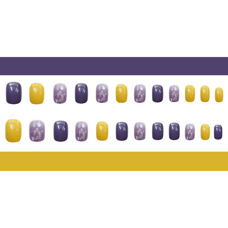 Bộ 24 móng tay giả Nail Nina màu vàng tím mã PD-07【Tặng kèm dụng cụ lắp】