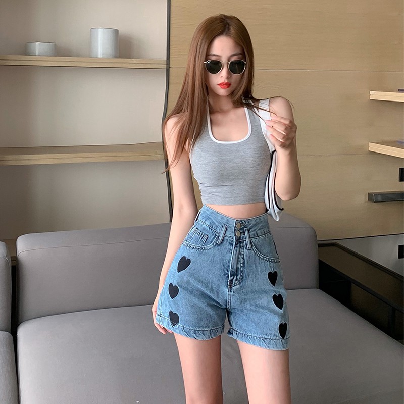 Quần Short Denim Ống Rộng Lưng Cao Thêu Họa Tiết Trái Tim Xinh Xắn Theo Phong Cách Hàn Quốc 2021