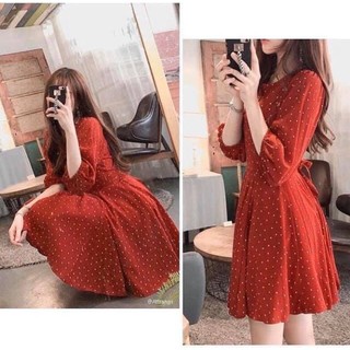 Đầm nữ bi đỏ thắt eo tay lỡ