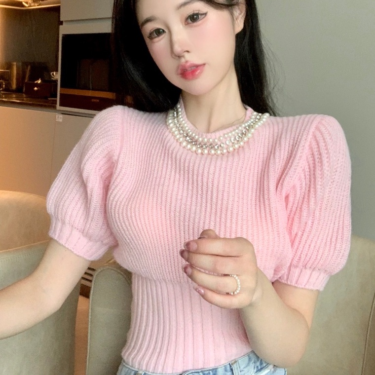 Áo kiểu ZHELIHANGFEI dệt kim tay ngắn đính chuỗi dây ngọc trai nhân tạo xinh xắn dành cho nữ