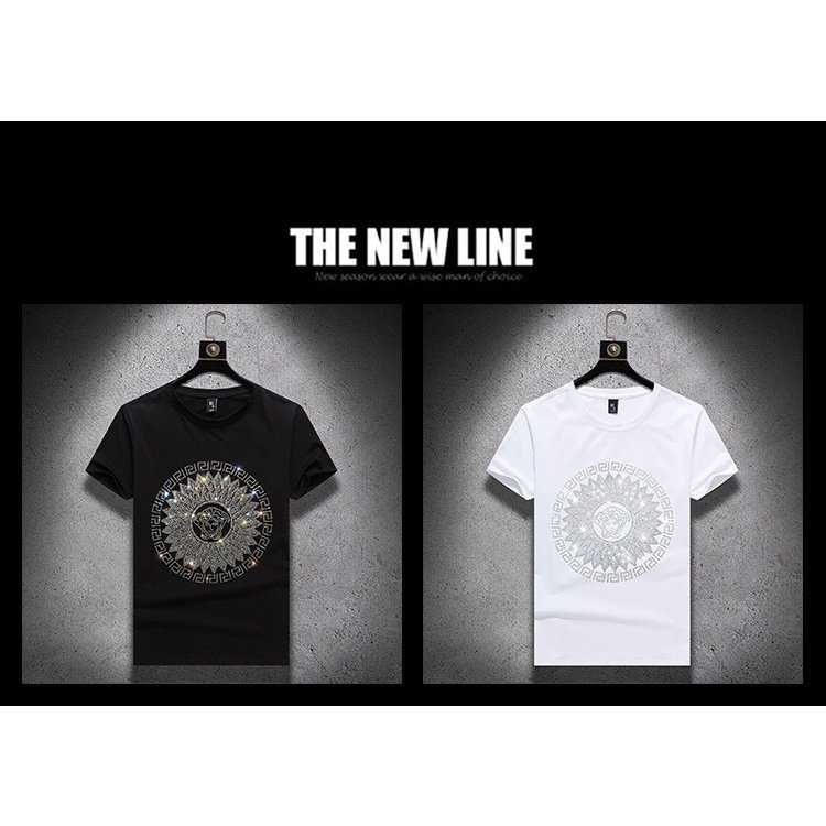 VERSACE Áo thun tay ngắn cổ tròn đính đá kim cương thời trang mùa hè cho nam
