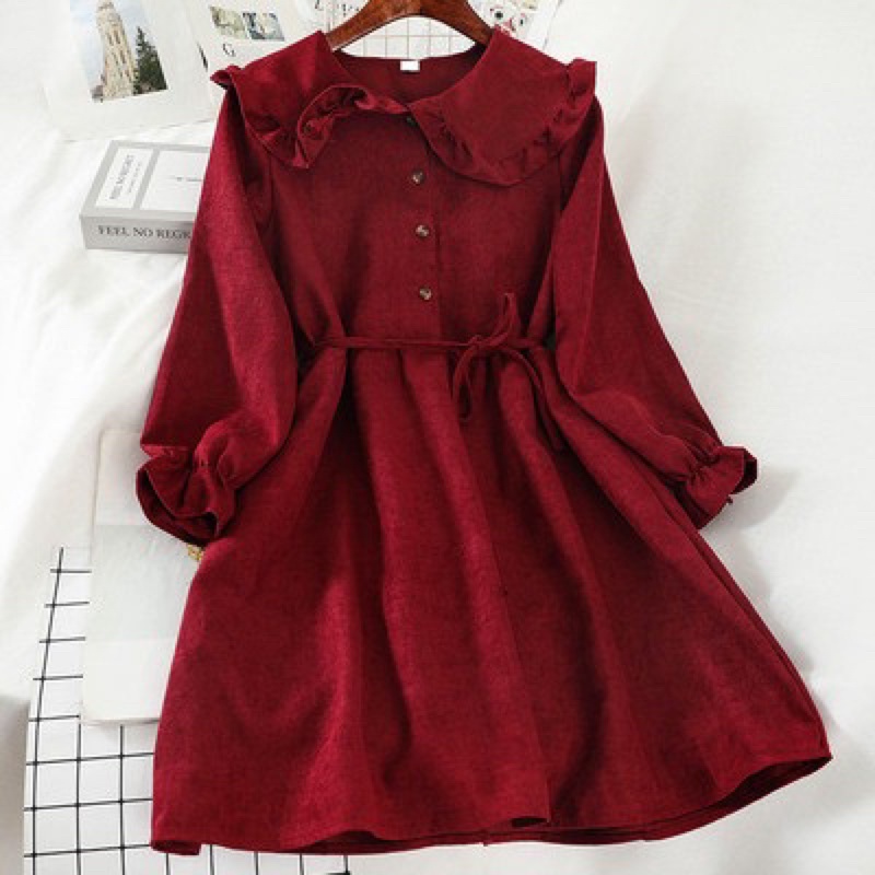 Đầm vintage cổ bèo vải nhung tăm có dây thắt eo điều chỉnh