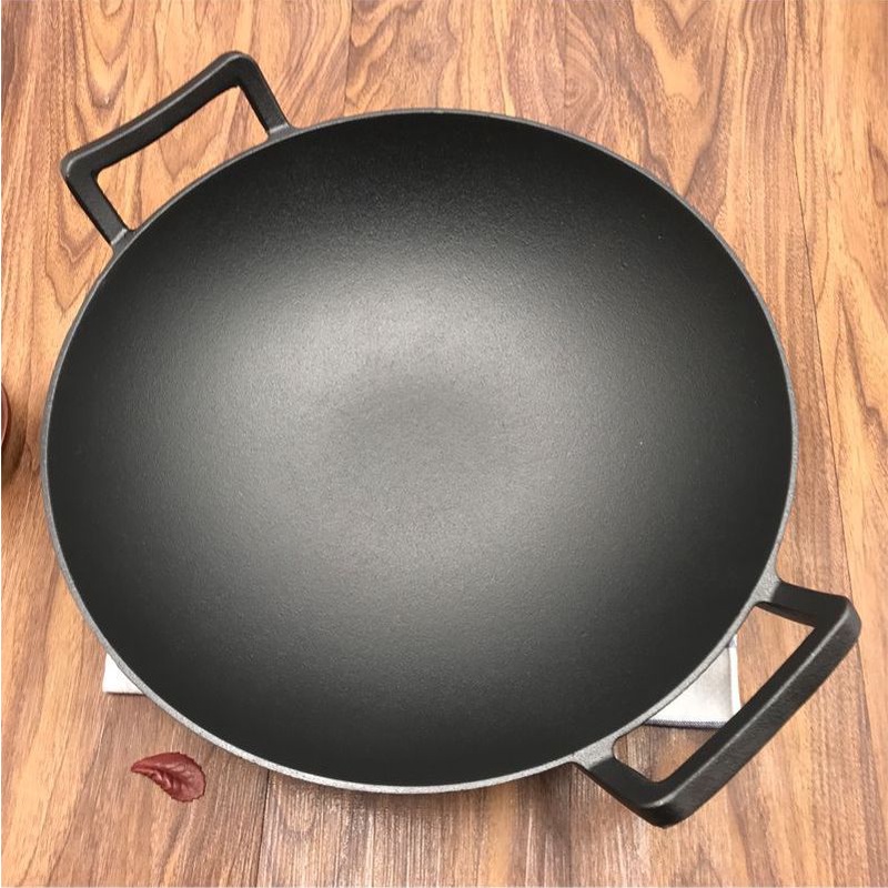 Chảo Gang Bầu Sâu Lòng Chống Dính Tự Nhiên 2 Tai Xách Size 32cm và 36cm Chuyên Xào, Chiên, Rang