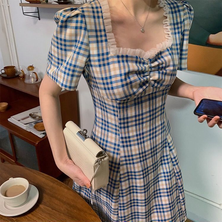 New Snapping up&Sweet French Retro Waist Slimming Puff Sleeve Plaid Dress Female Summer New Square CollaraWord Skirt | BigBuy360 - bigbuy360.vn