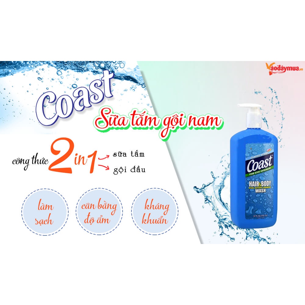 Sữa tắm gội nam Coast Hair & Body Wash Classic Scent 946ml