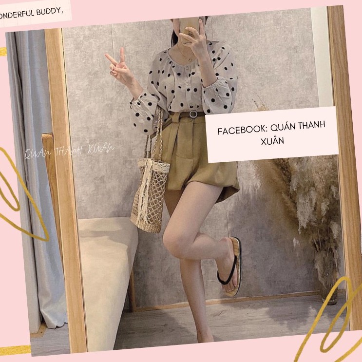 Set áo sơ mi chấm bi kèm quần hàn quốc chất tơ xước