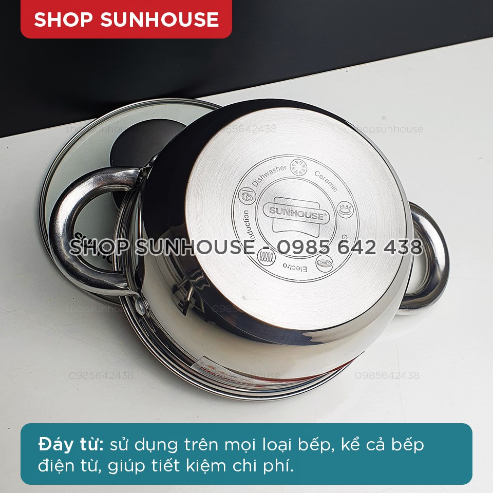 Bộ nồi inox 3 đáy SUNHOUSE SH334 size 16-20-24cm dùng được với bếp từ