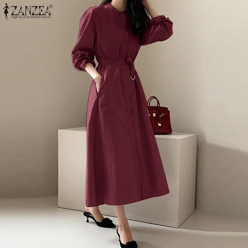 Đầm dài ZANZEA màu trơn cổ phối thắt lưng phong cách cổ điển cho nữ