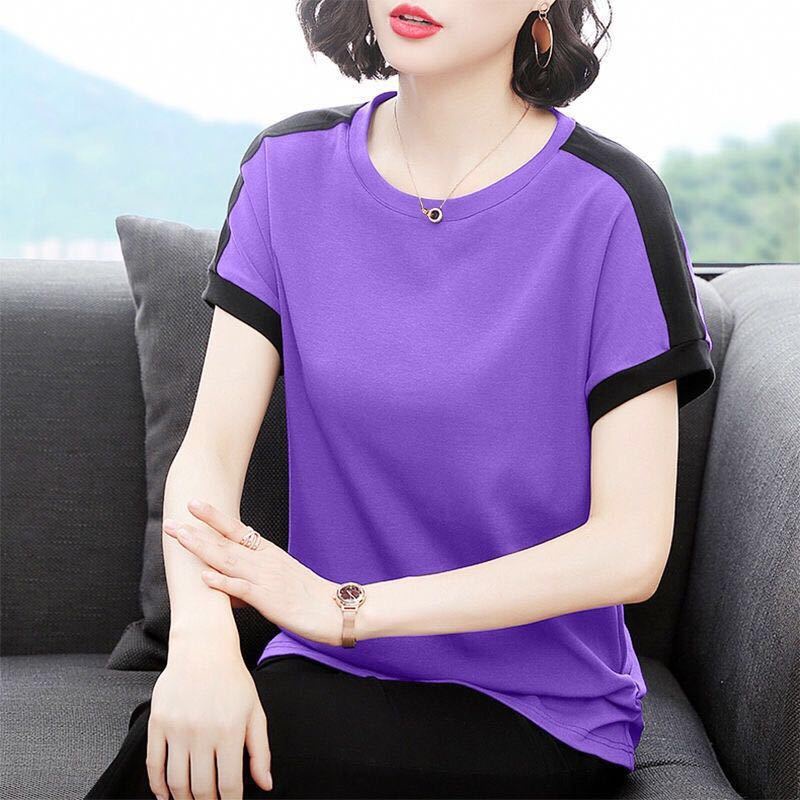 Áo thun tay ngắn cổ tròn dáng rộng thời trang cho phụ nữ trung niên
