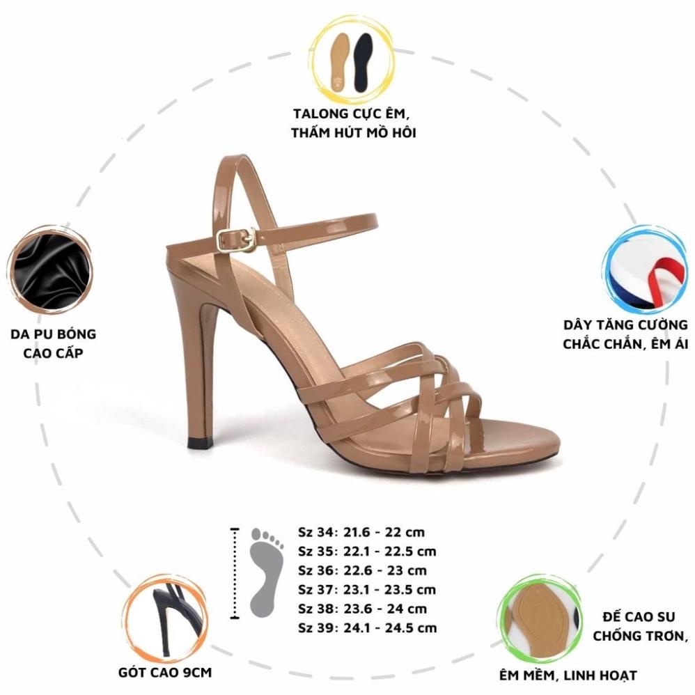 Giày sandal cao gót đan dây quai mảnh gót nhọn 9p da bóng HADU G929 ,
