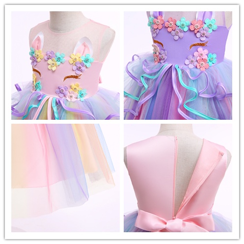 Đầm Công Chúa Họa Tiết Kỳ Lân Màu Cầu Vồng Xinh Xắn Cho Bé Gái 4-10 Tuổi