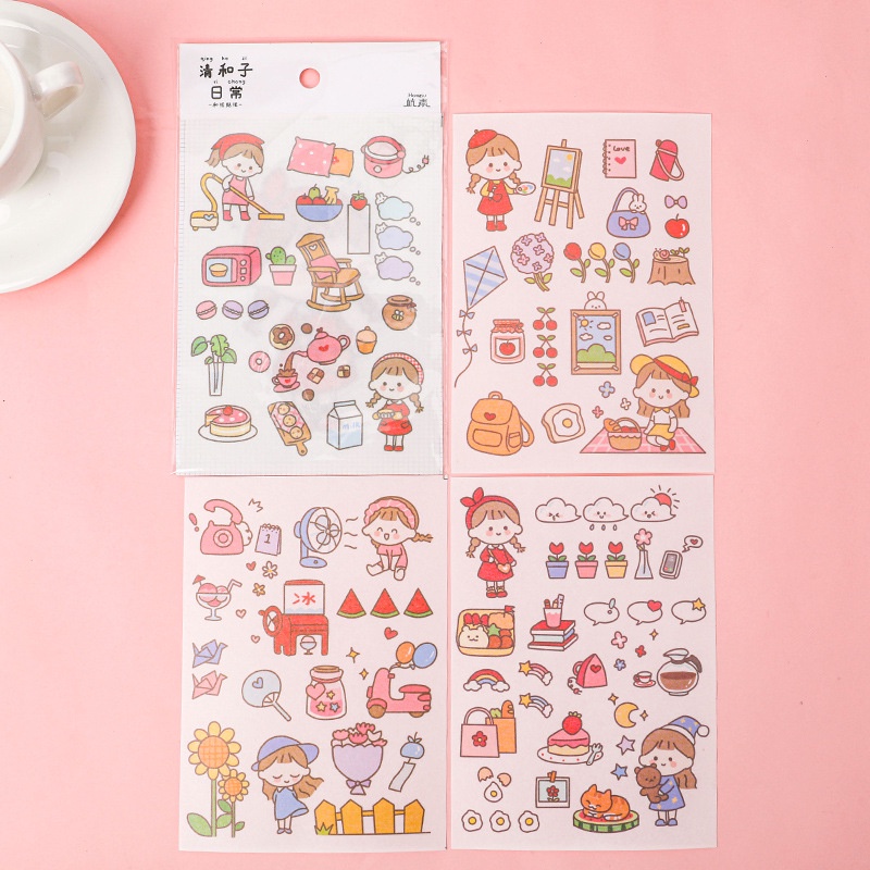 Set 4 tấm sticker cute thỏ xinh cùng các đồ dùng trong cuộc sống, hình dán sticker dễ thương