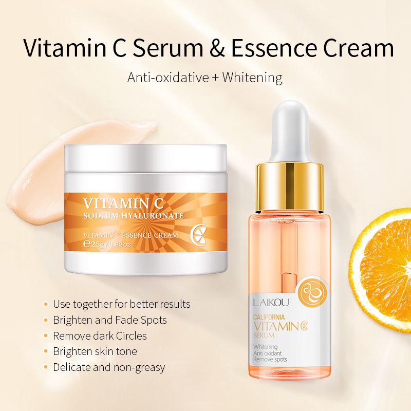 LAIKOU Vitamin C Cream + Face Serum Anti-oxidant Remove Spots Dullness Whitening Skin Care 25g+17ml