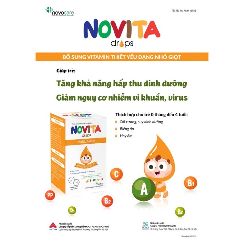 Vitamin tổng hợp NOVITA drops - Bổ sung vitamin thiết yếu dạng nhỏ giọt cho trẻ từ 0 THÁNG TUỔI