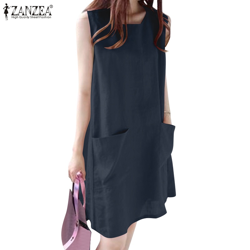 Đầm midi ZANZEA không tay cổ tròn có túi phía trước dành cho nữ