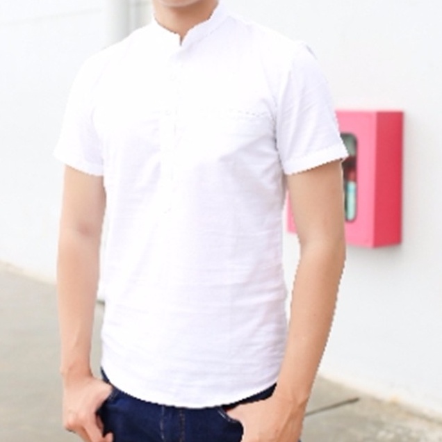 Áo sơ mi nam tay ngắn cổ trụ cổ lãnh tụ vải cotton