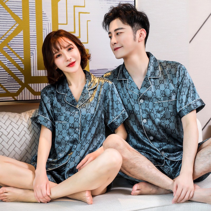 [SẴN] Đồ bộ Pijama mặc nhà cho các cặp đôi - đồ bộ cộc tay chất lụa bóng cao cấp mẫu GC xanh