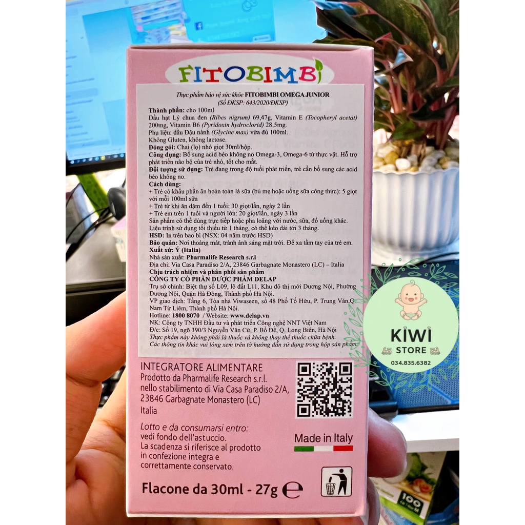 Siro thảo dược Fitobimbi Omega Junior nhập khẩu từ Ý hỗ trợ phát triển não bộ và thị giác cho bé