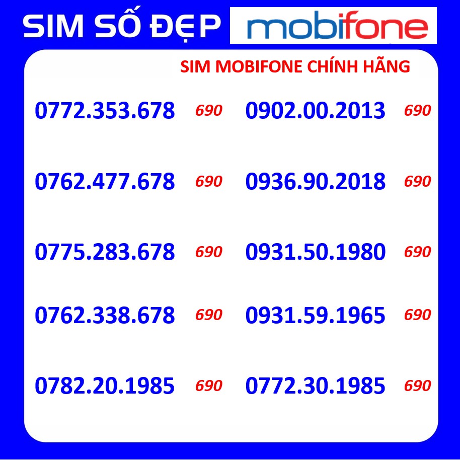 SIM MOBI SỐ CHUẨN GIÁ CHUẨN TỪ 500K ĐẾN 690K/SIM