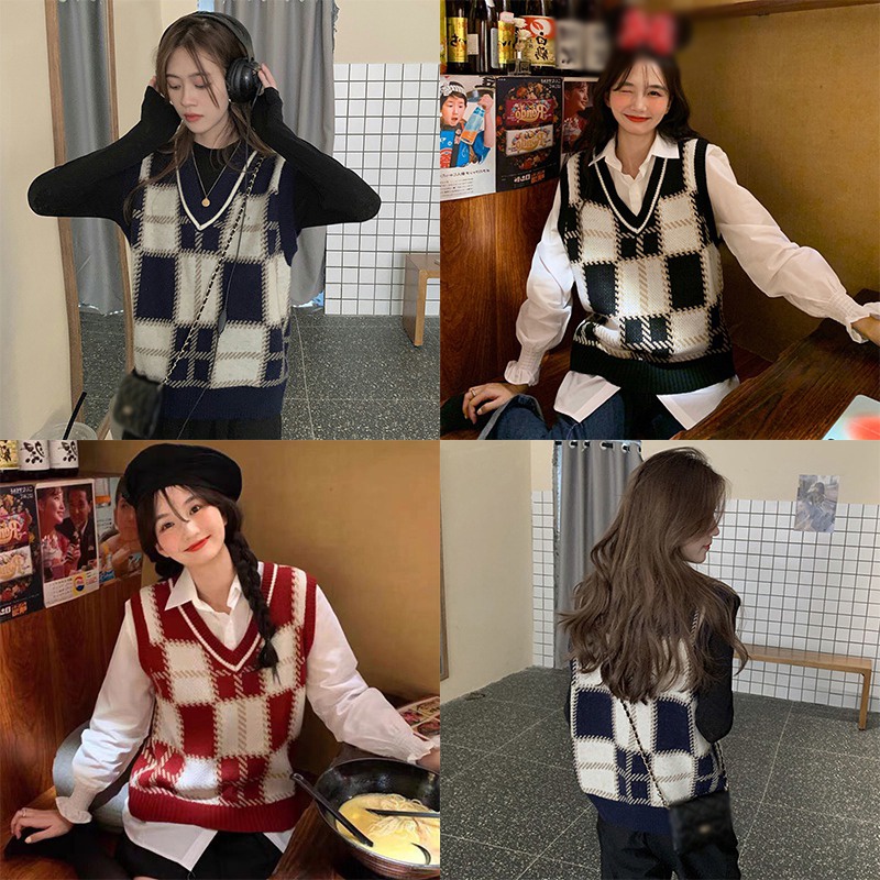 Áo len không tay cổ chữ V họa tiết sọc caro thời trang dành cho nữ