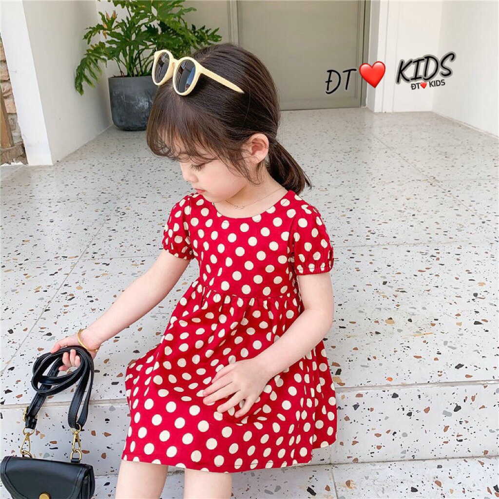[V22] Váy Tay Bông Họa Tiết Chấm Bi Cực Xinh Cho Bé Gái Dáng Xòe Chất Vải Đũi Mềm Đón Tết Size Từ 8-18Kg VNXK Nhật-Hàn