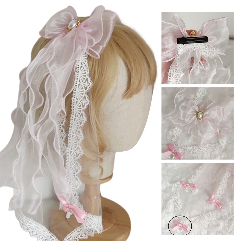 Kẹp Tóc Nơ Phối Ren Lưới Đính Ngọc Trai Phong Cách Lolita Dễ Thương Cho Nữ