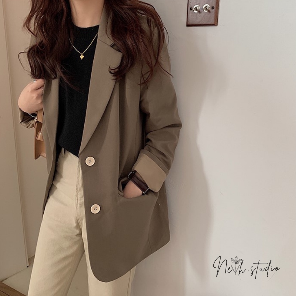 Áo khoác blazer nữ 2 lớp màu đen nâu đứng form có miếng độn vai neih.studio