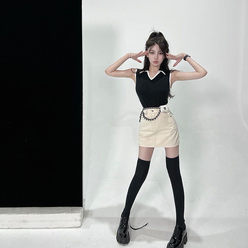 Áo dệt kim ZHELIHANGFEI không tay cổ polo phối màu đen trắng cá tính