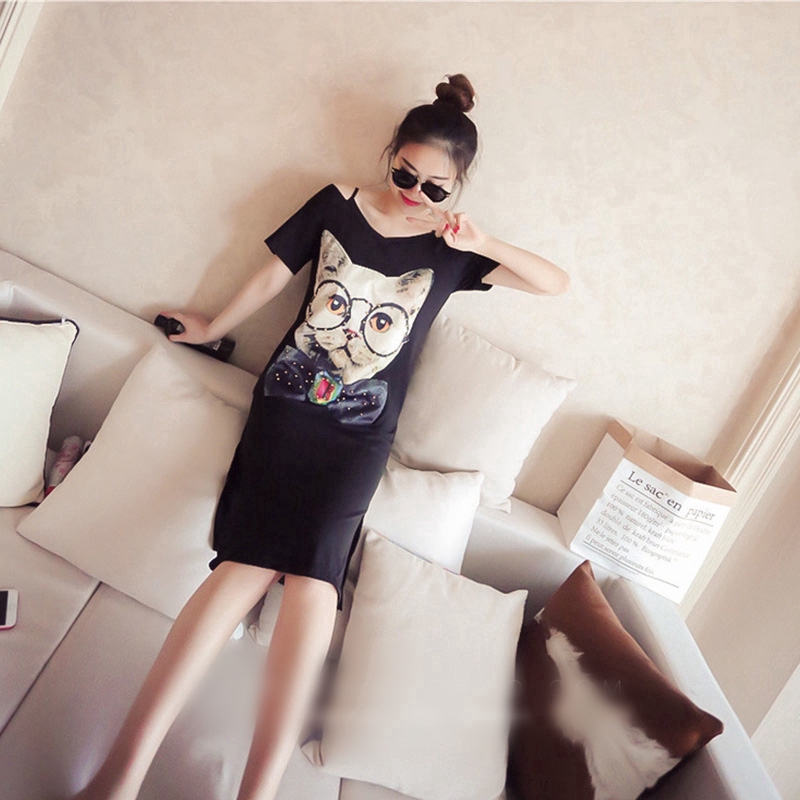 dress Short sleeve Bare shoulders  Cartoon cat graphics Shift dresses Korean cloths