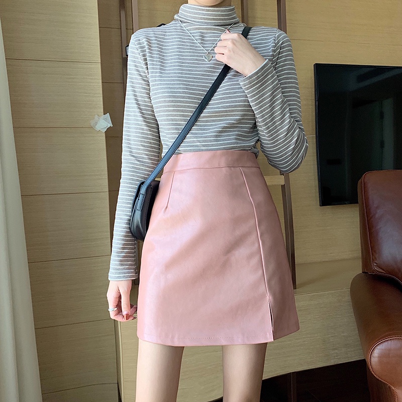 IELGY  Chân Váy Da Chữ A Lưng Cao Màu Trơn Phong Cách retro Thời Trang Cho Nữ