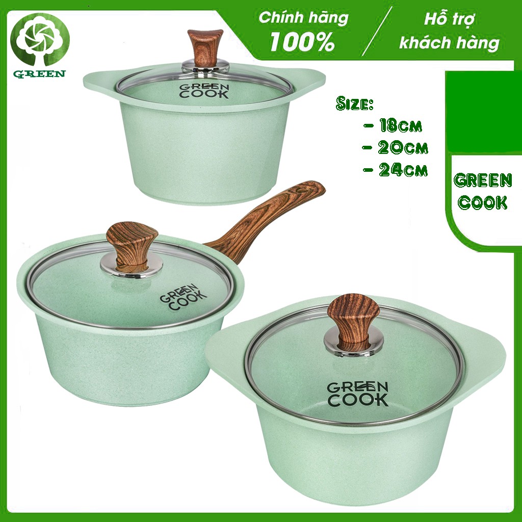 Nồi đúc đáy từ chống dính men đá xanh ngọc GreenCook GCS05 size 18-20-24 cm công nghệ Hàn Quốc - GREEN