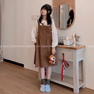 Set yếm babydoll nhung tăm nâu kèm áo bèo tiểu thư phong cách ulzzang