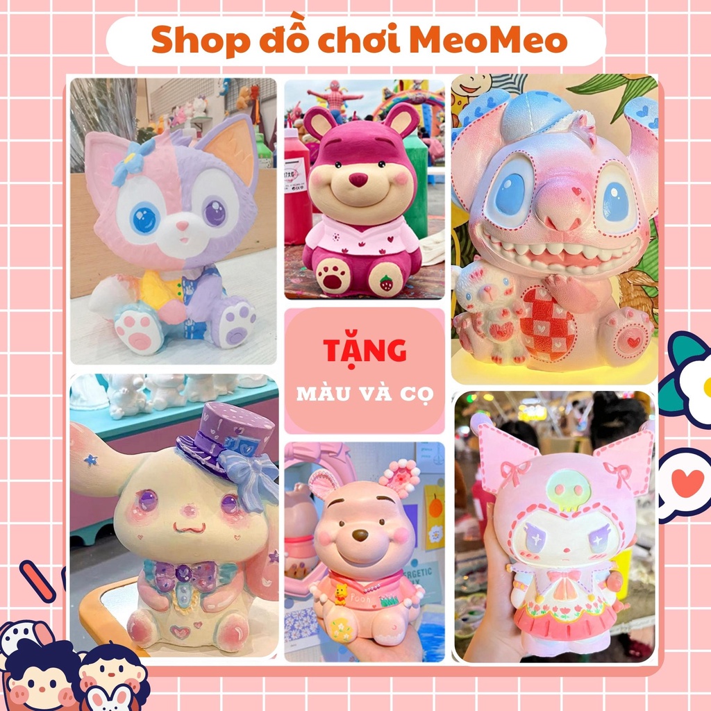Bộ Tô Tượng Nhựa cho bé - Tượng Stitch, Gấu Lotso, Cinnamoroll cỡ lớn - Kèm Màu Và Bút Vẽ, Có Chỗ Đút Tiền Tiết Kiệm