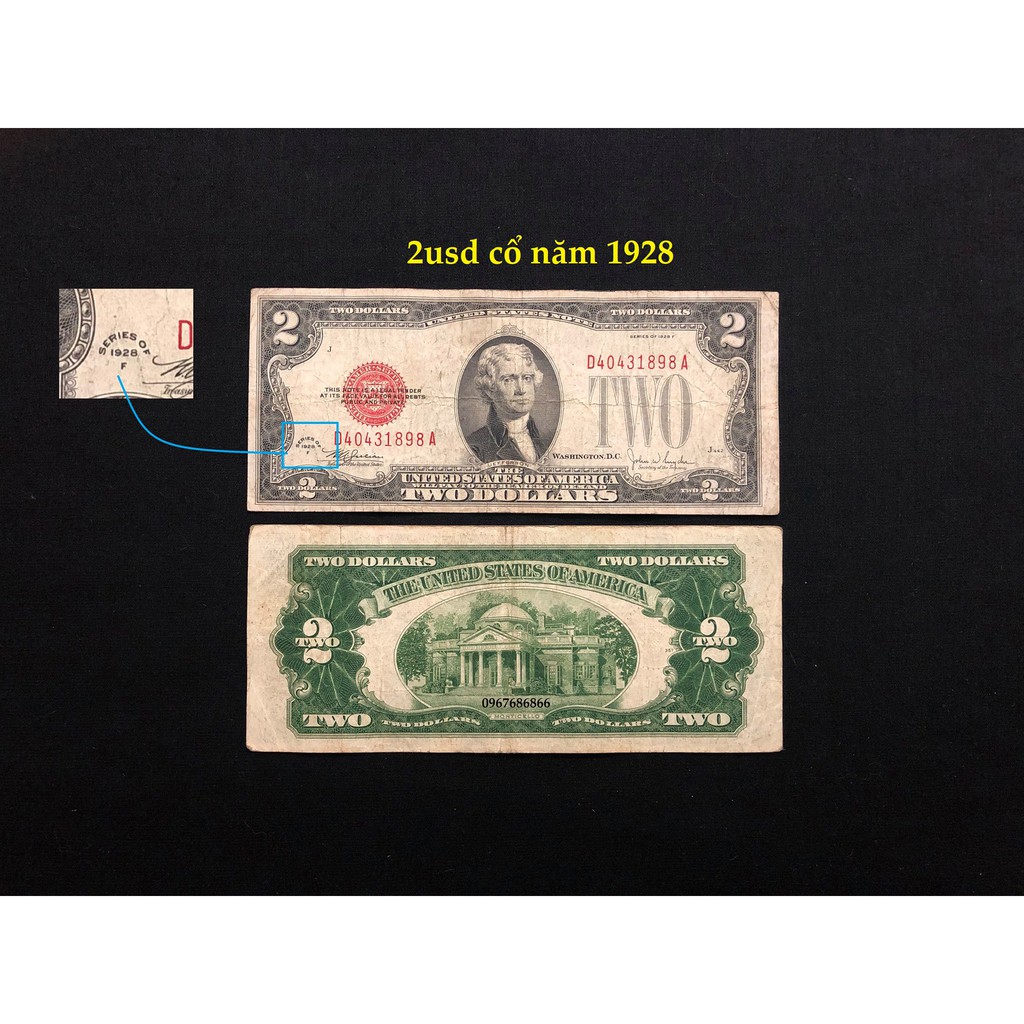 01 Tờ 2 Đô Mỹ Cổ từ năm 1928 mộc đỏ seri đỏ may mắn hiếm gặp - tặng kèm bao lì xì