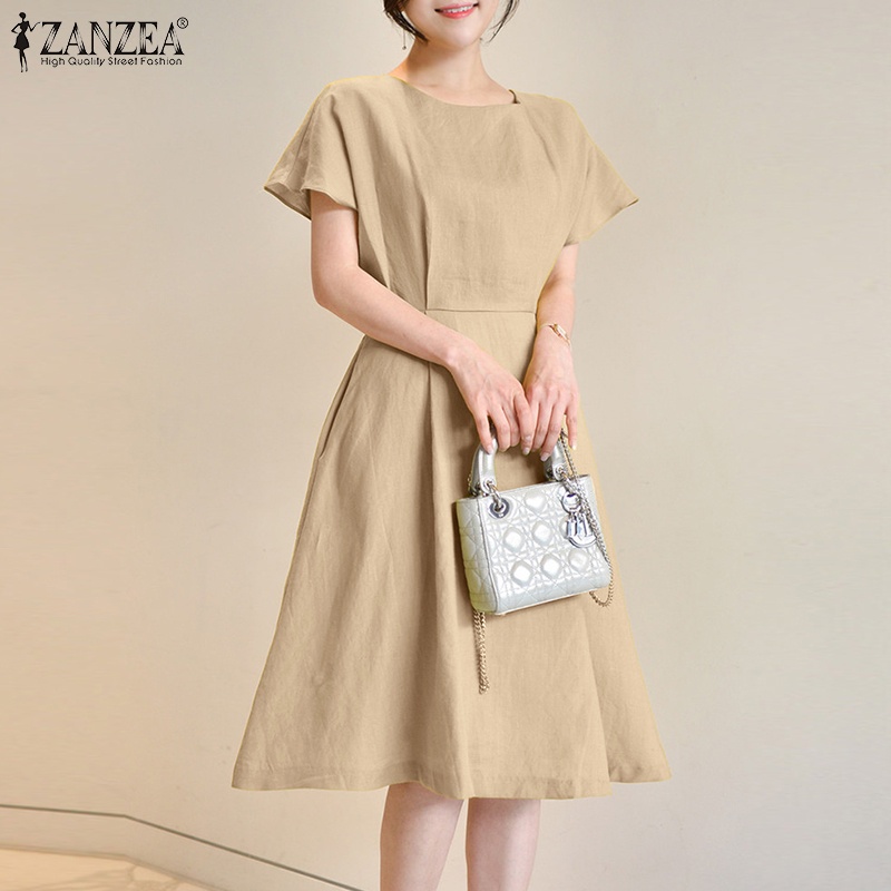 Đầm midi Zanzea cotton ngắn tay cổ tròn xếp ly eo cao phong cách Hàn Quốc thời trang cho nữ có túi bên hông