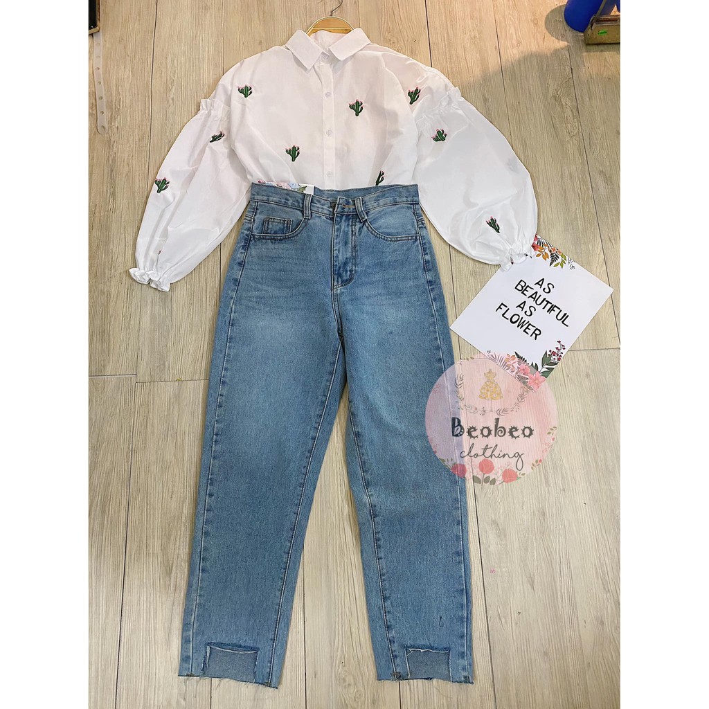 [Ảnh thật] Áo sơ mi thêu hình xương rồng tay bo ulzzang | BigBuy360 - bigbuy360.vn