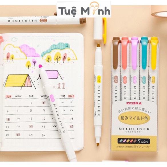 Bộ 5 bút đánh dấu 2 đầu Zebra Mildliner Nhật Bản chính hãng, highlight nhiều màu HI04