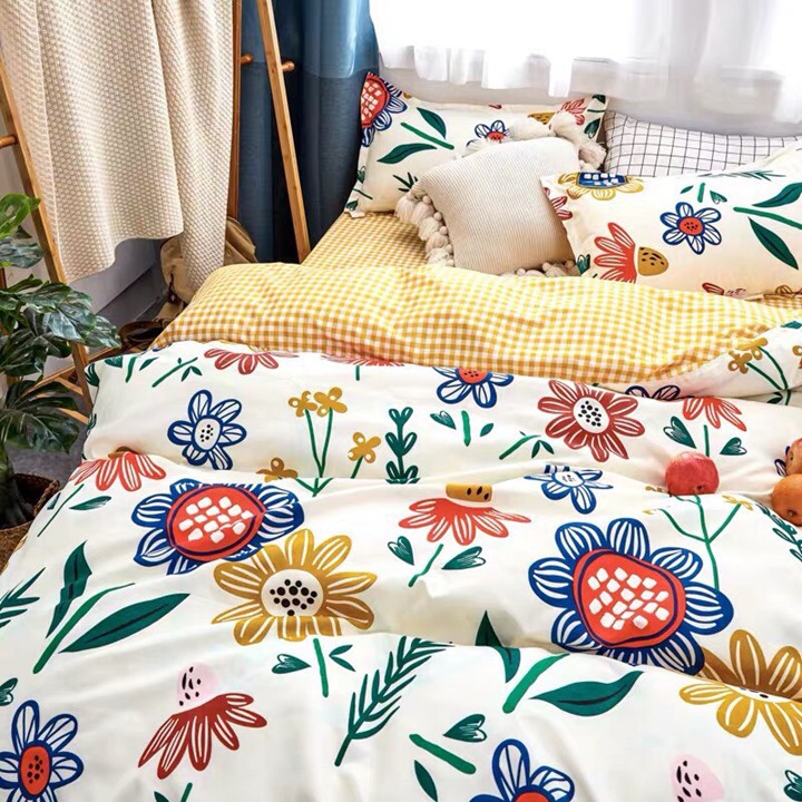 Bộ chăn ga gối drap giường chất cotton poly họa tiết đóa hoa rực rỡ