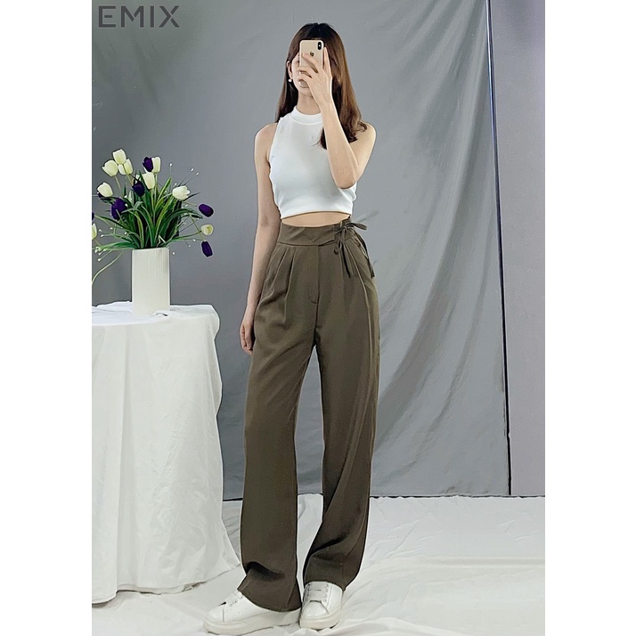 Quần vải xuông buộc dây EMIX (3 màu), basic trousers, dáng dài, cạp cao, ống suông, kèm dây đai, chất liệu tuytxi 534