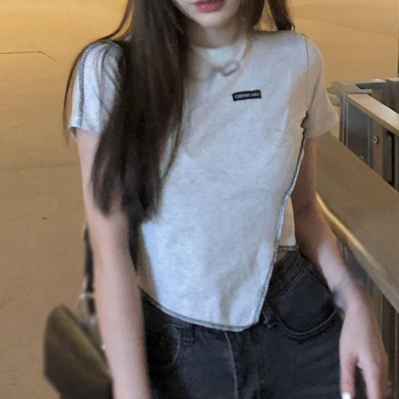 Áo Thun Crop Top Tay Ngắn Cổ Tròn Lệch Tà Kiểu Hàn Quốc Thời Trang Mùa Hè Cho Nữ