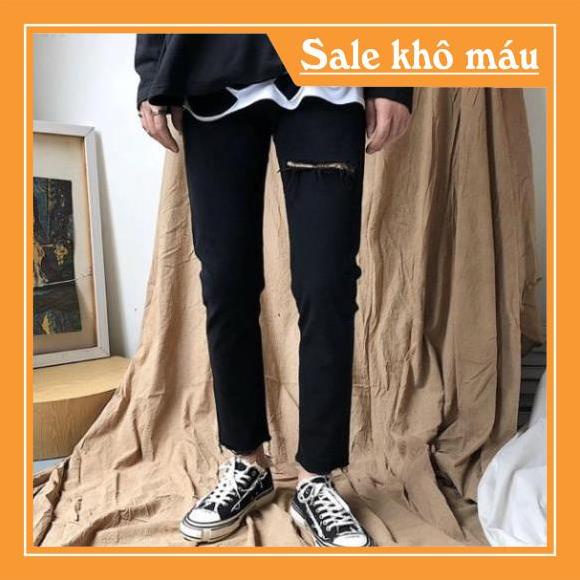 [Không Phai Màu+Co Giãn] Quần Jeans Nam Rách Một Bên Gối Màu Đen Dáng Ôm Phong Cách Hàn Quốc Hot Trend 2021-J03 -b11