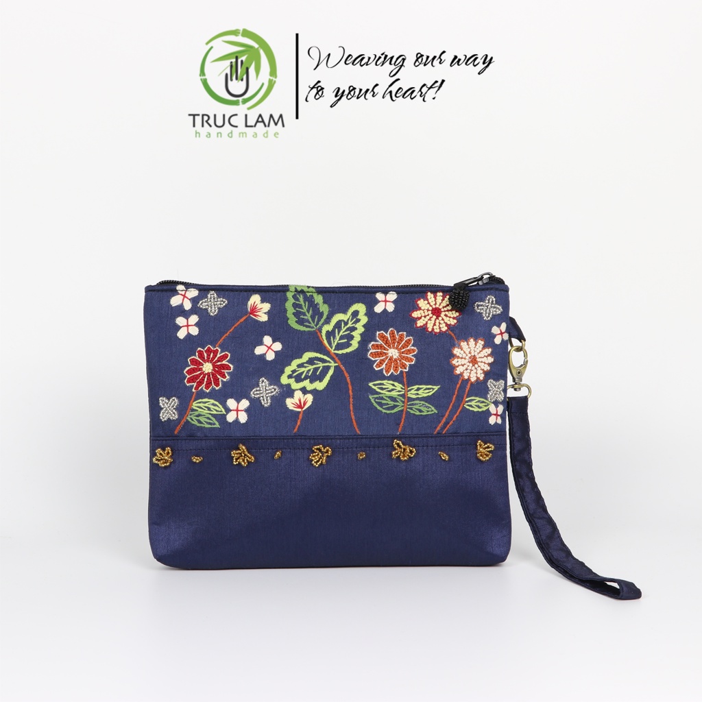 Ví Cầm Tay Đựng Ipad Clutch Vải Tafta Thêu Cành Hoa Hạt Cườm Thủ Công Cỡ Bé - Trúc Lâm Handmade