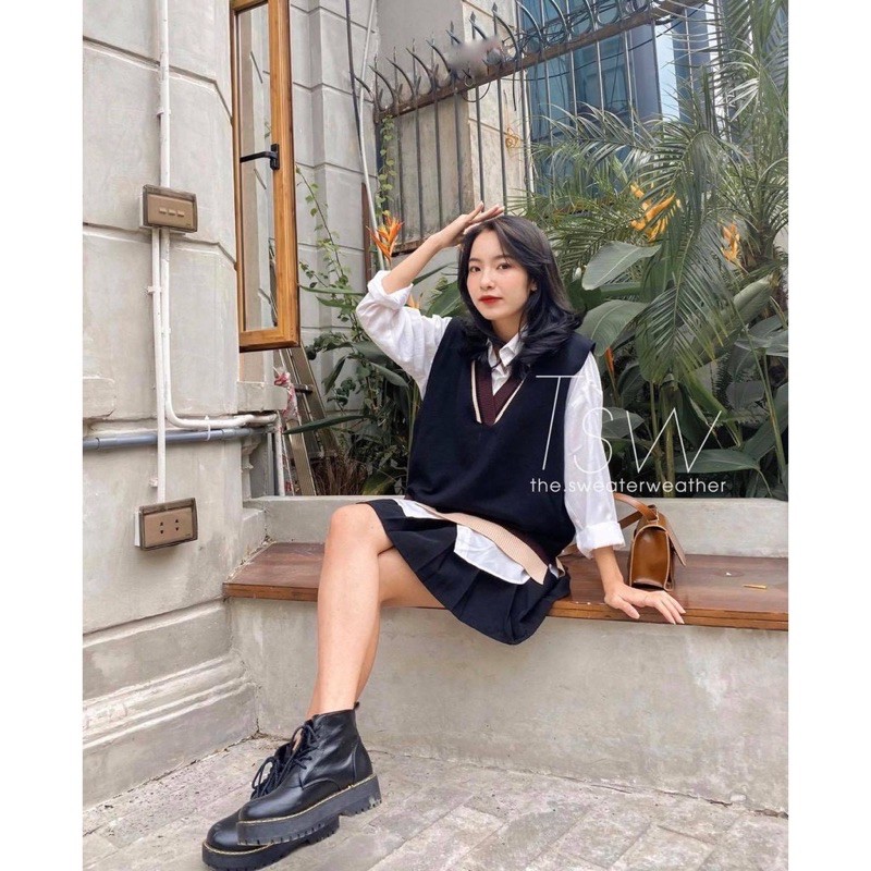 [Ảnh thật/Sẵn]Áo gile len viền xẻ vạt phong cách Ulzzang | BigBuy360 - bigbuy360.vn