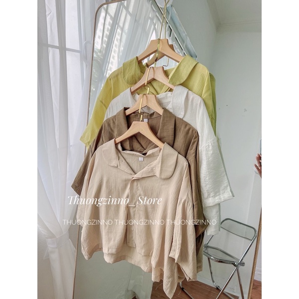 Áo sơ mi croptop thiết kế cổ sen chất lụa nhăn Hàn Quốc